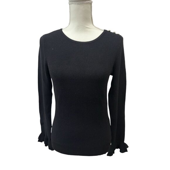 WHITE HOUSE BLACK MARKET WHBM Black Long Sleeve Ruffle Trim Blouse Top Size XS - Picture 1 of 6